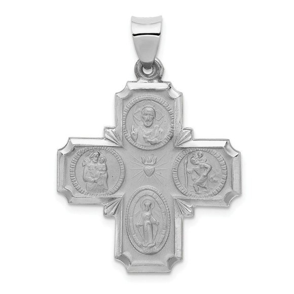 14k White Gold Four Way Medal Pendant New Religious Charm